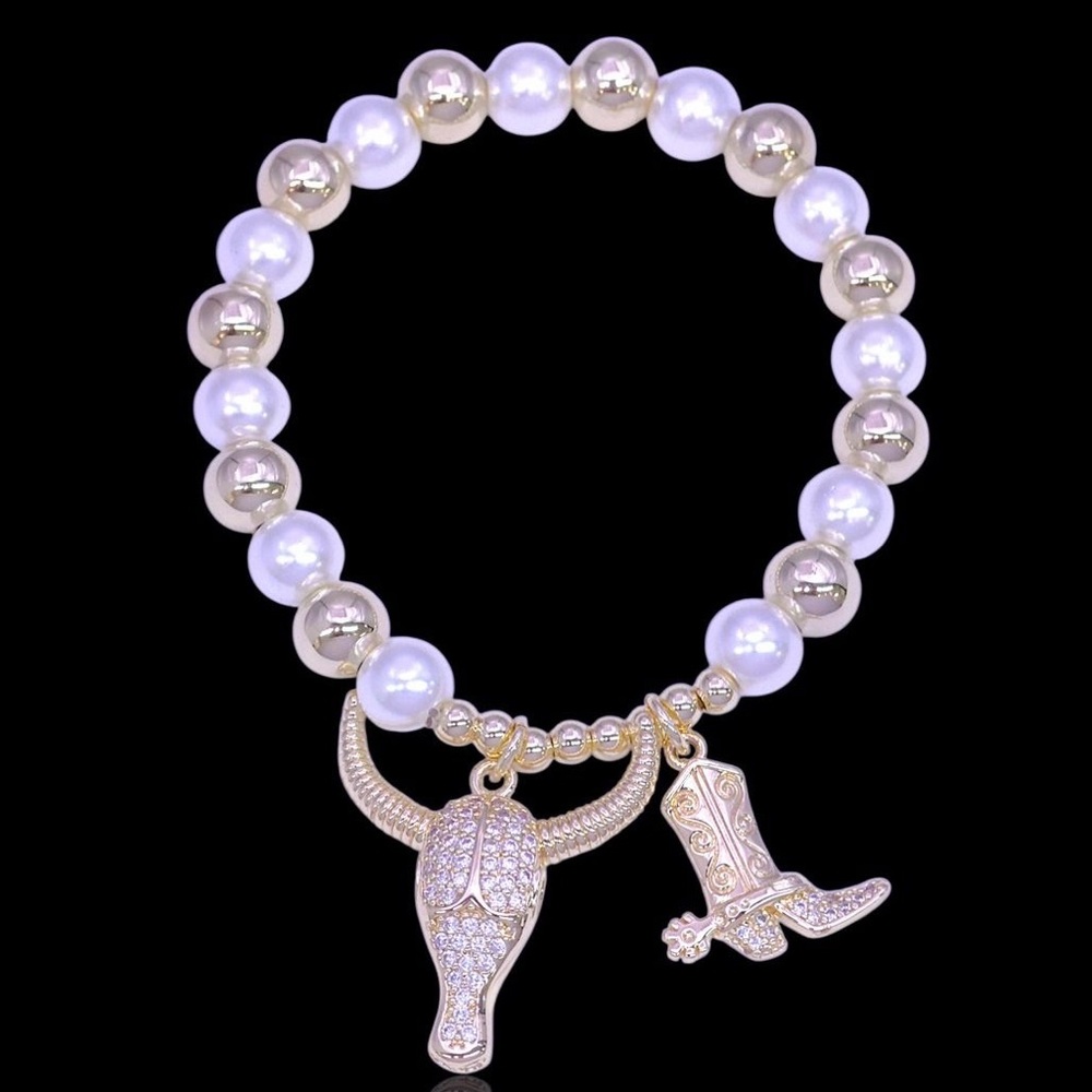 Gold and White Charm Bracelet Rodeo Cowgirl